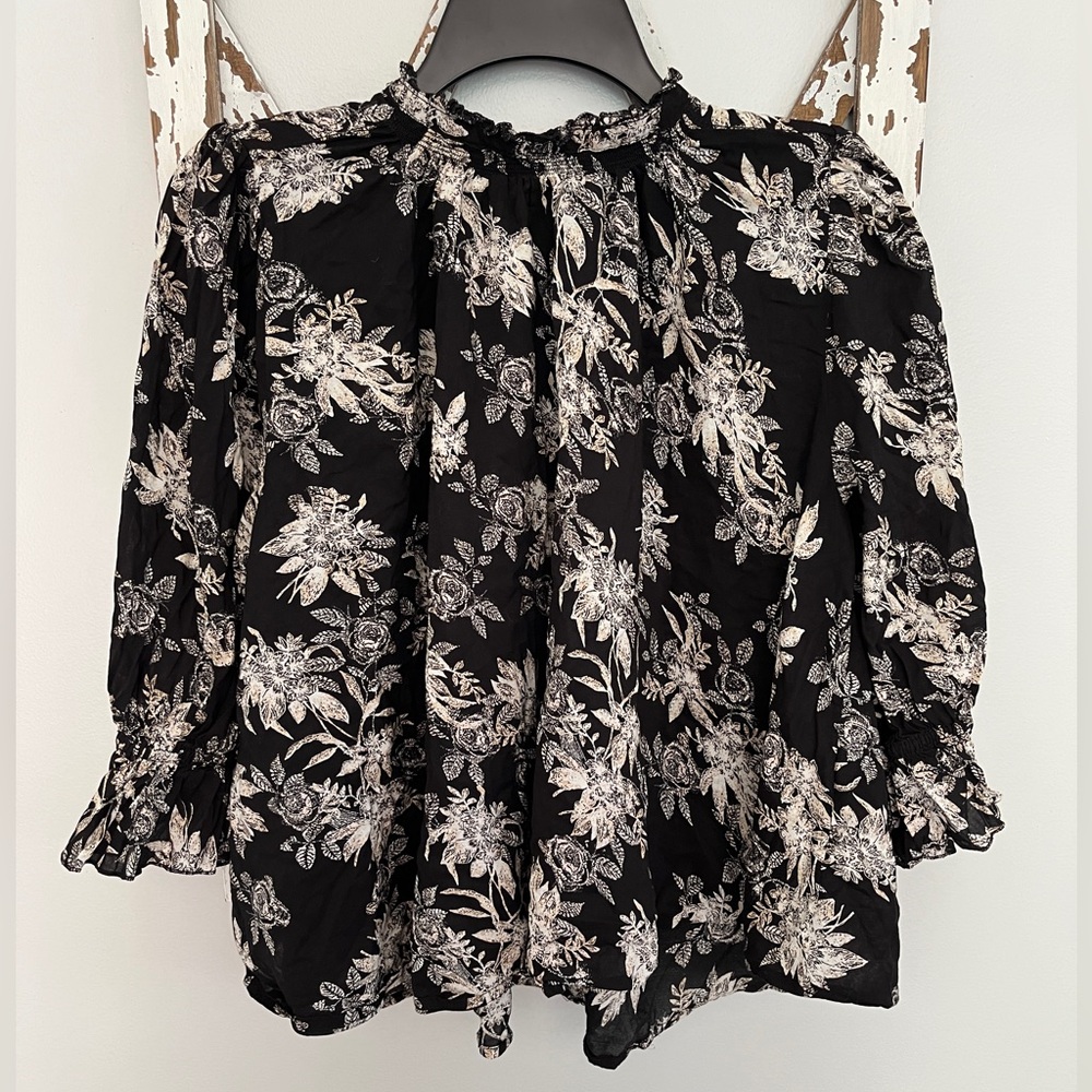 Free People Black Floral Print Long Sleeve Blouse